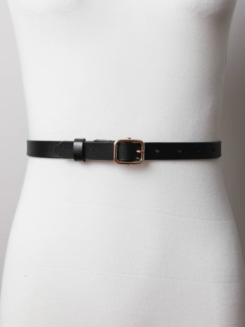 Classic Black Leather Waist Skinny Belt with Gold Buckle